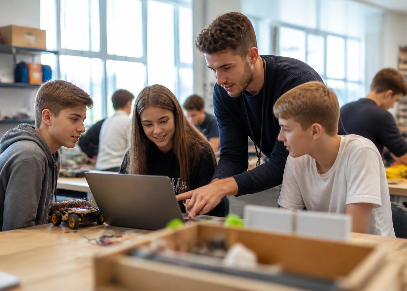 A FutureLabs mentor working with students during a school workshop